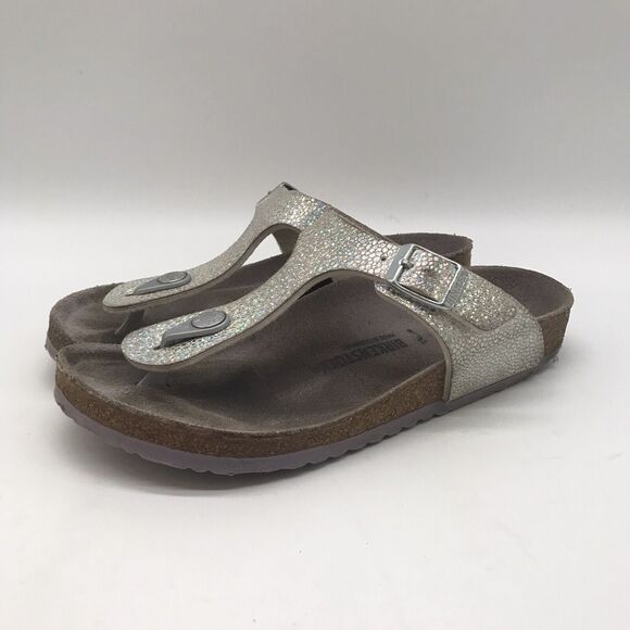 Birkenstock Gizeh Sparkly Silver Birko-Flor T-Strap Thong 34 Girls 3-3.5 Sandals - Picture 1 of 11